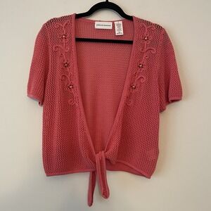 VTG Y2K Crochet Open Knit Beaded Tie Front Cardigan Sz M Cottagecore Boho Granny